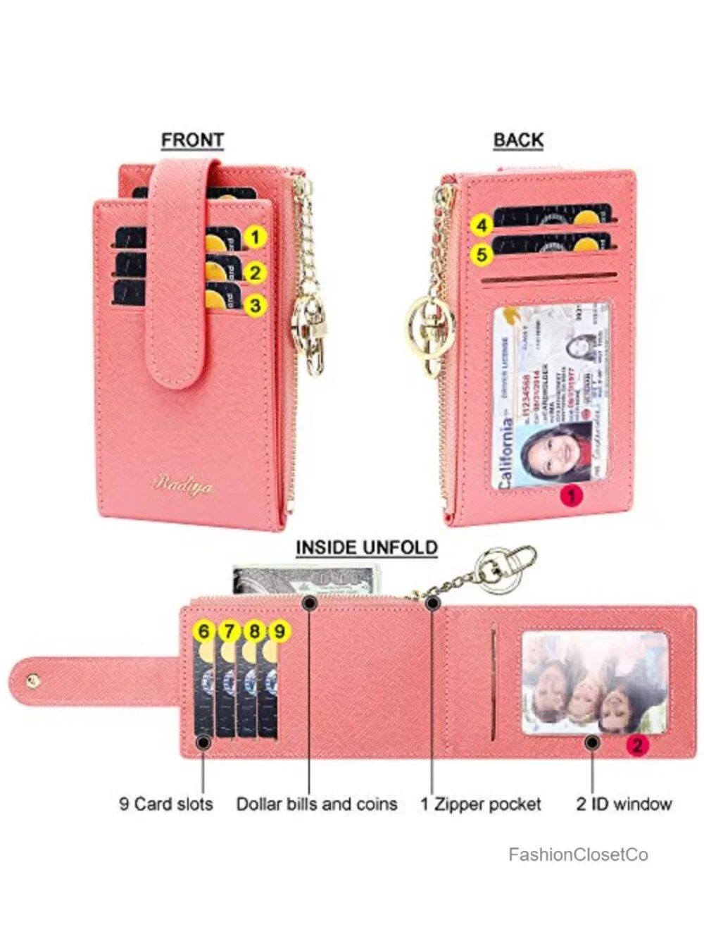 Slim Women RFID Blocking Bifold Compact 9 Card Slots Wallet with Zipper Coin
